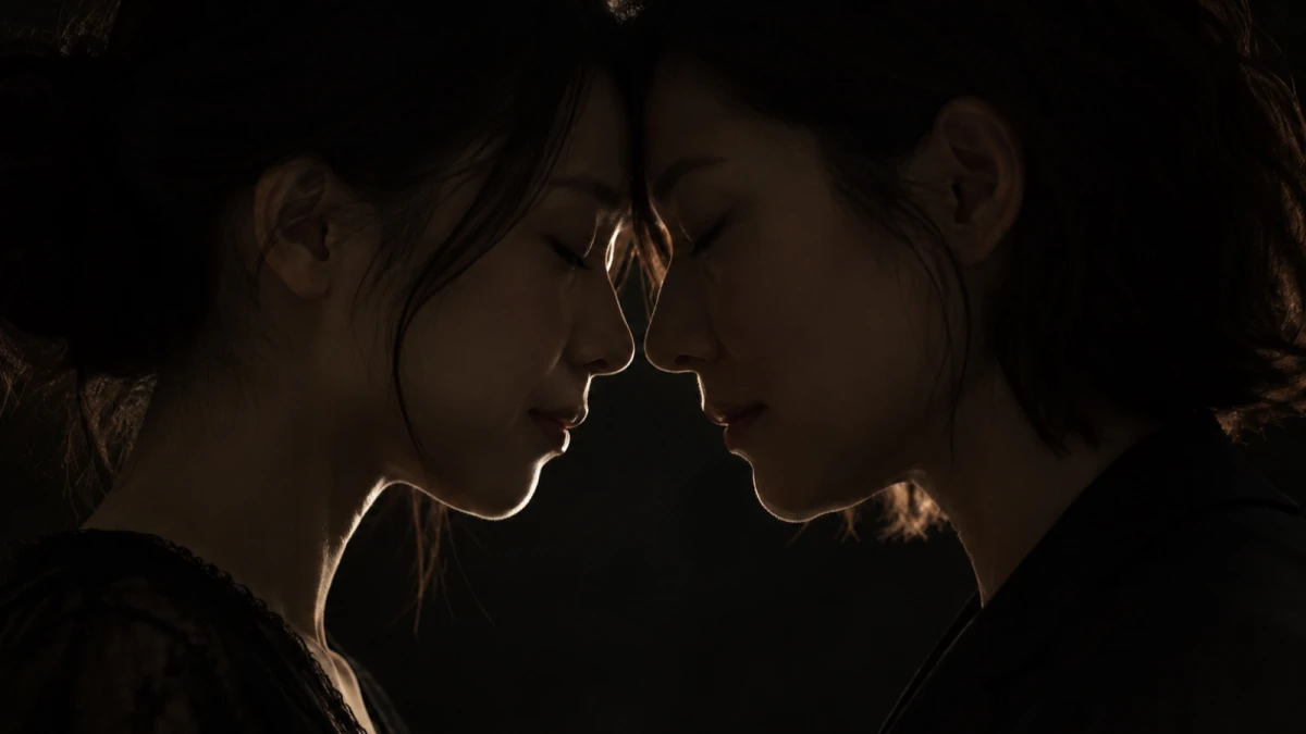 額を寄せ合って向かい合う二人の女性のシルエット